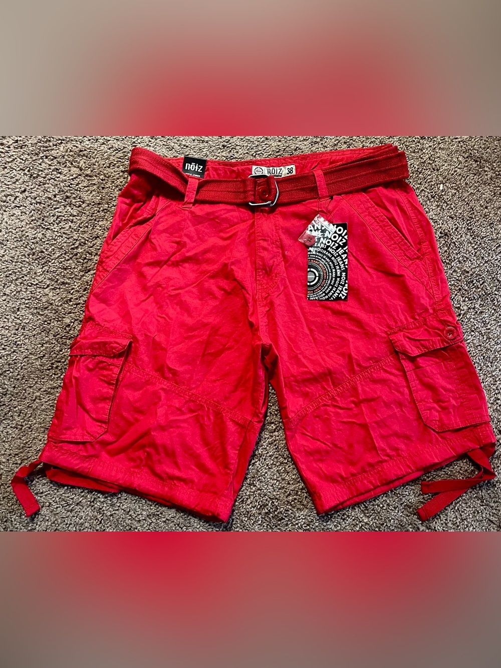 Noiz Men’s Red Cargo Shorts with Webbing Belt